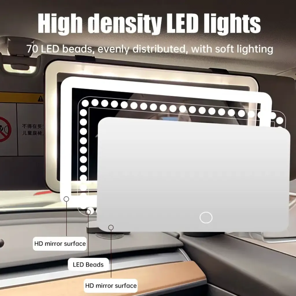 Touch control panel on LED HD car mirror showing dimmable brightness – smart mirror car KSA