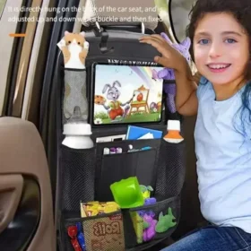 Multiple storage pockets loaded with bottles, snacks, and toys – car seat organizer KSA