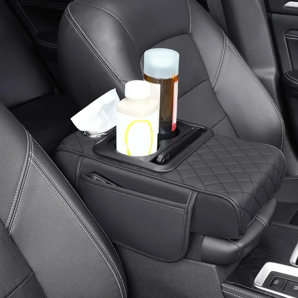 Car Armrest Box with Cup Holder and Tissue Holder โ PU Leather Console Extender KSA