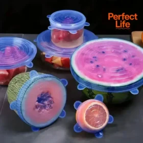 Reusable silicone lids covering bowls in refrigerator – eco-friendly