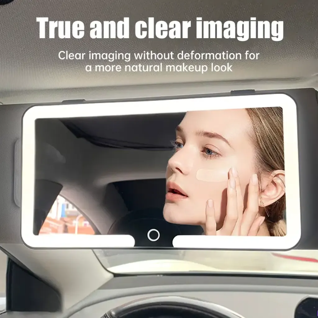 Touch control panel on LED HD car mirror showing dimmable brightness – smart mirror car KSA