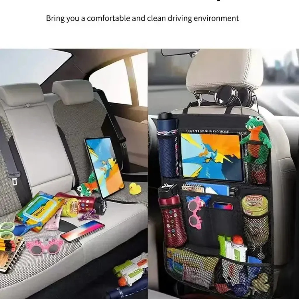 ransparent tablet holder pocket in car seat organizer – best car seat organizer KSA