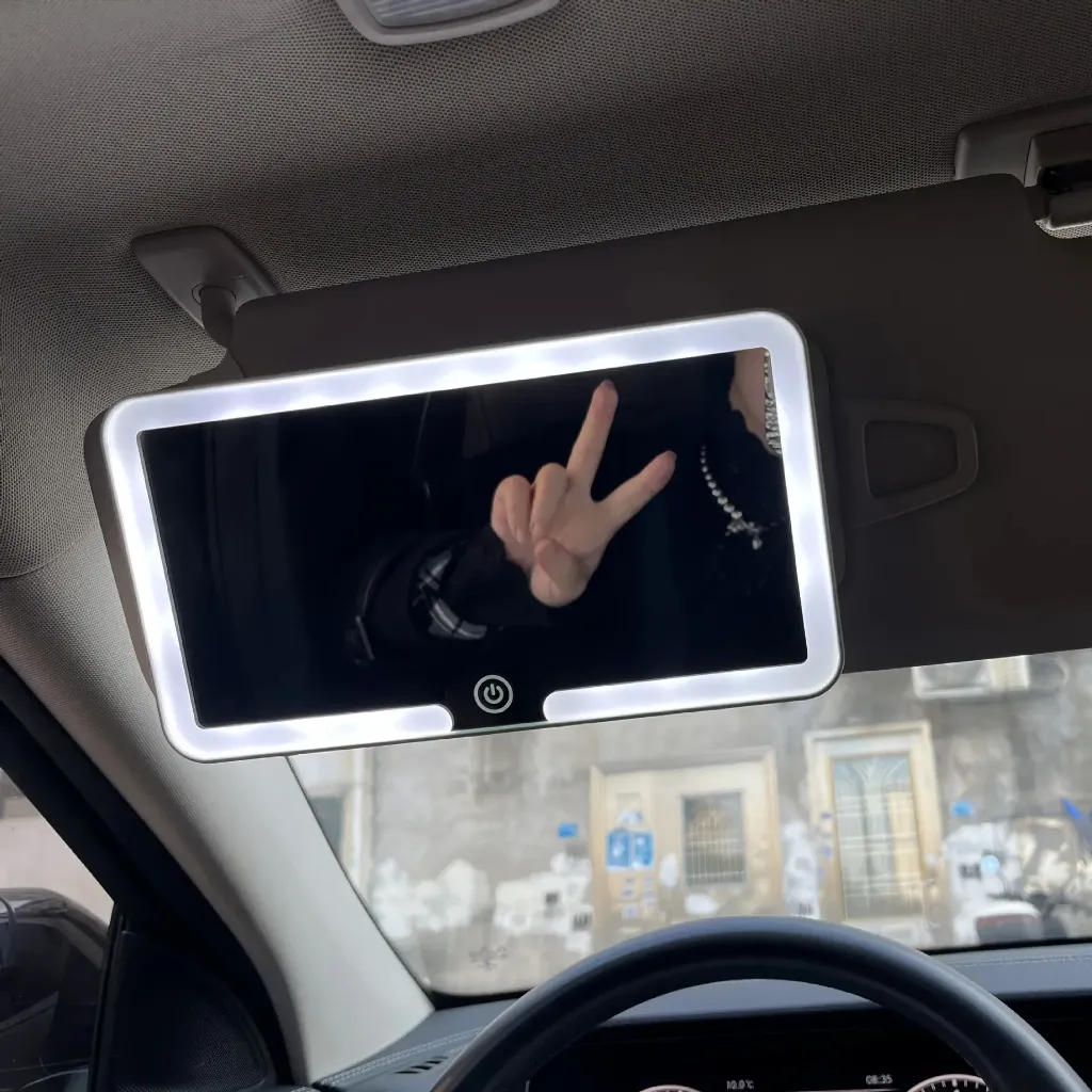 Tri-color LED lighting modes on car mirror – cool white warm yellow natural light – PTMYLE KSA