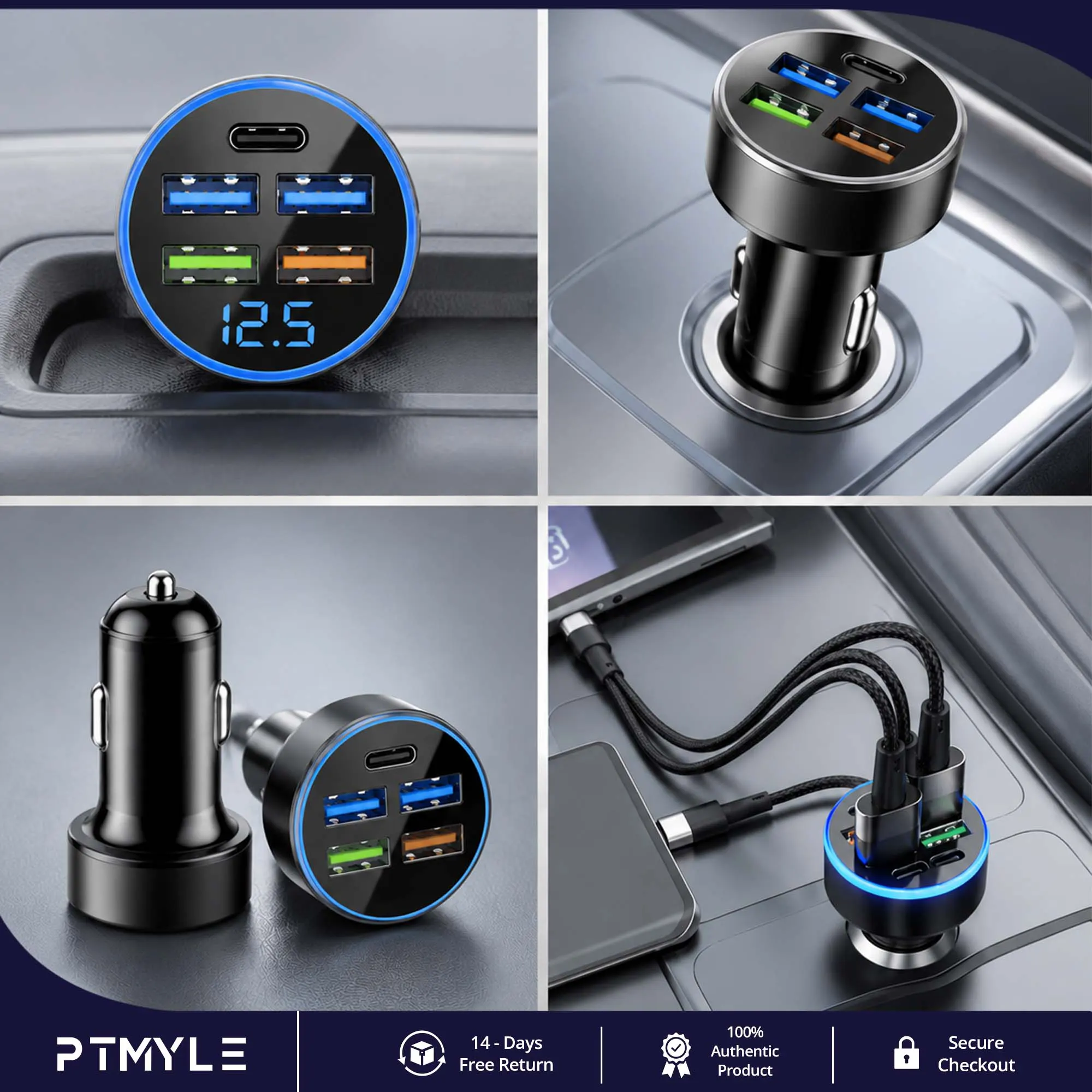 شاحن سيارة سريع – محول شحن 5 منافذ USB-C بقوة 250 واط