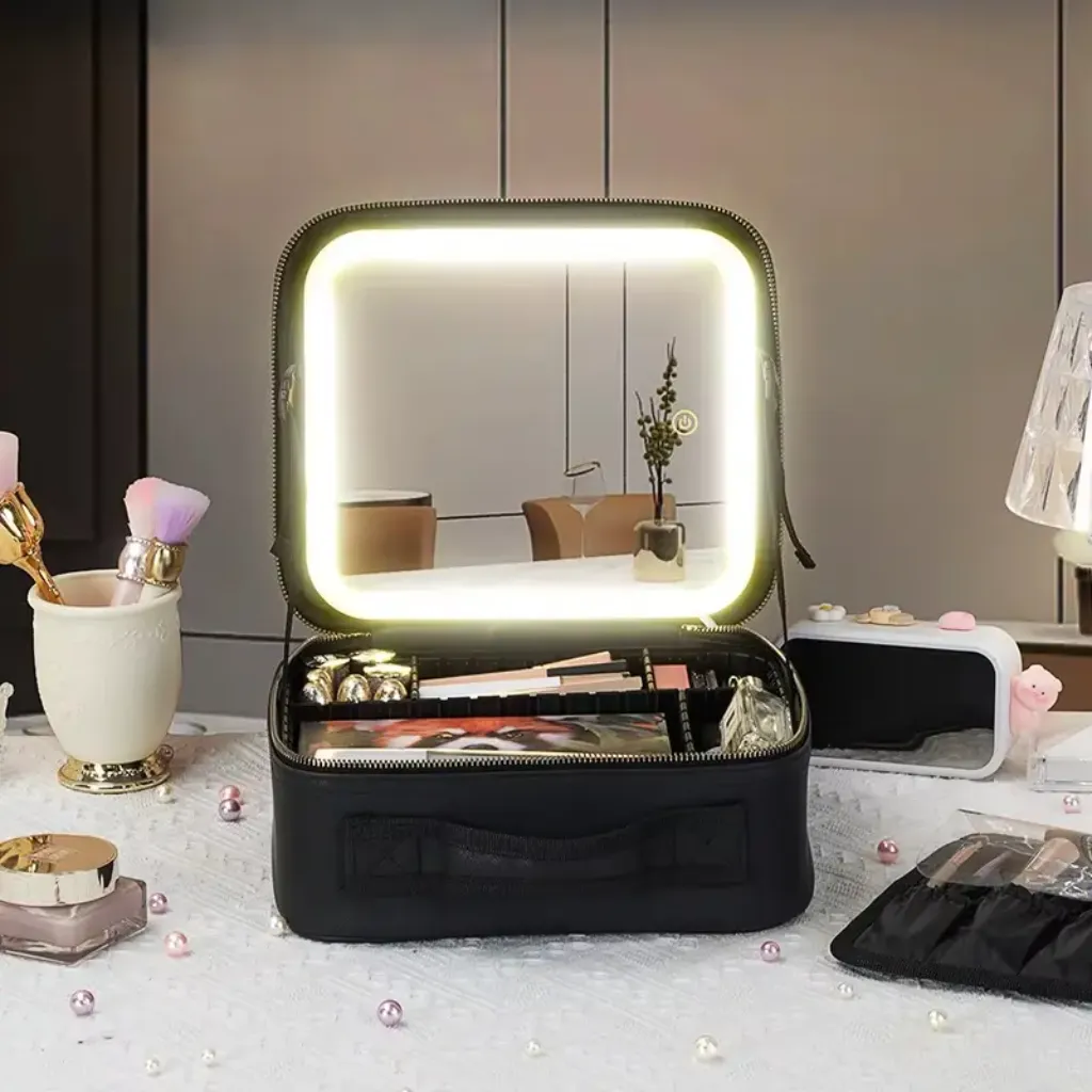 Makeup organizer LED mirror 3 lighting modes makeup train case travel makeup ksa