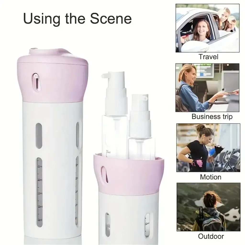 Travel liquid dispenser bottle 4-in-1 leakproof travel accessories KSA PTMYLE