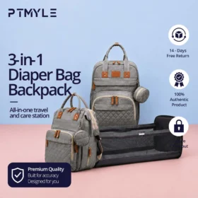 حقيبة حفاضات ظهر 3 في 1 للأمهات من PTMYLE باللون الرمادي، مفتوحة وممتدة لتتحول إلى سرير أطفال محمول وقابل للطي مع مظلة واقية من الشمس