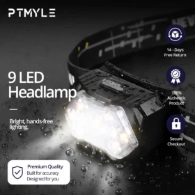 مصباح رأس LED فائق الإضاءة يحتوي على 9 لمبات ومثبت على حزام مرن قابل للتعديل حول الرأس مع منفذ شحن USB