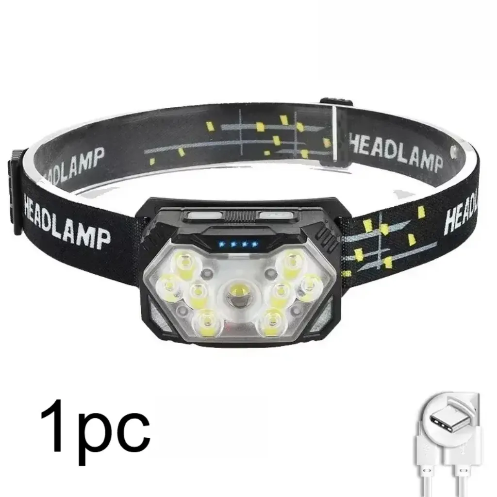 مصباح رأس LED فائق الإضاءة يحتوي على 9 لمبات ومثبت على حزام مرن قابل للتعديل حول الرأس مع منفذ شحن USB