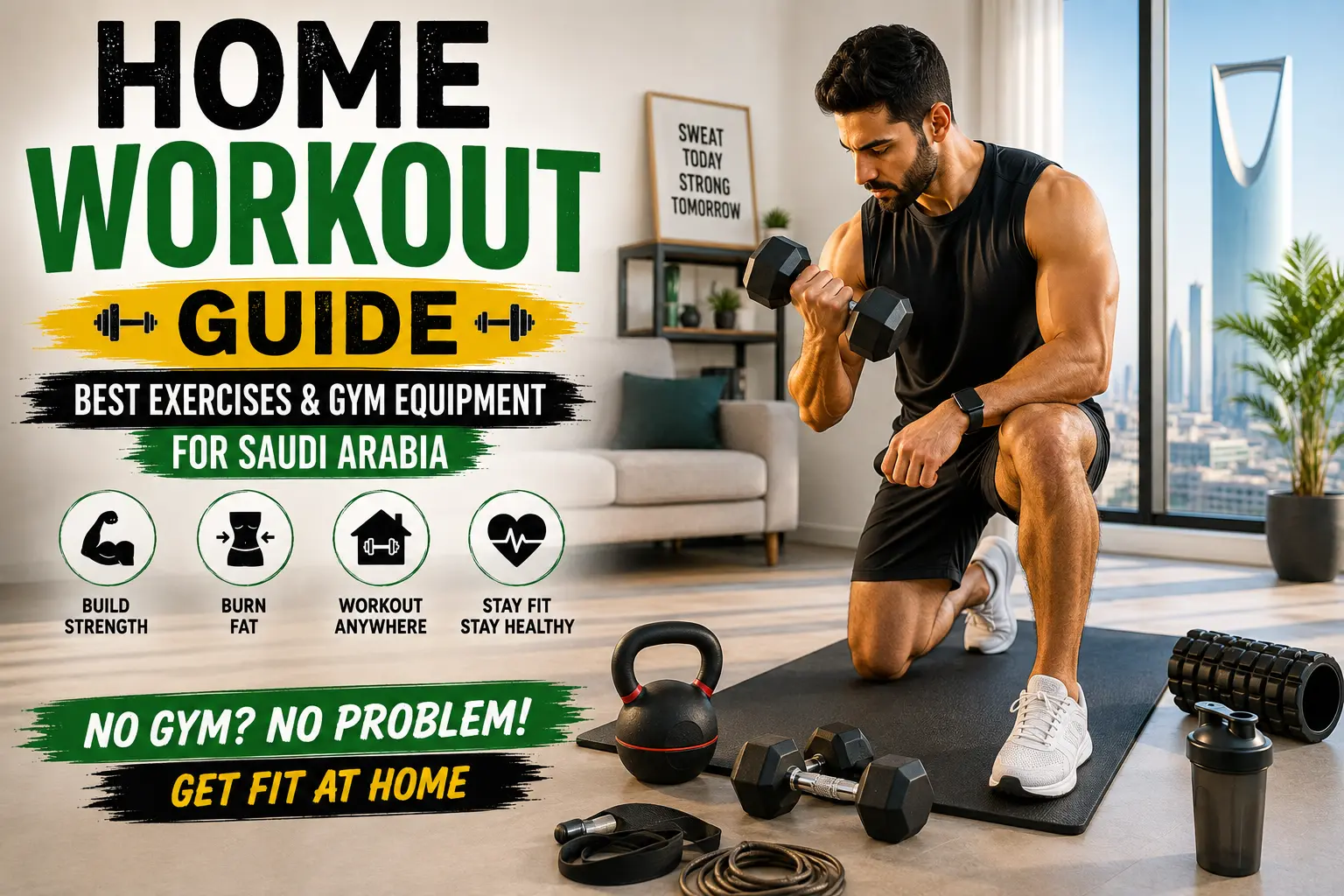 Home workout guide and gym equipment for fitness routines in Saudi Arabia