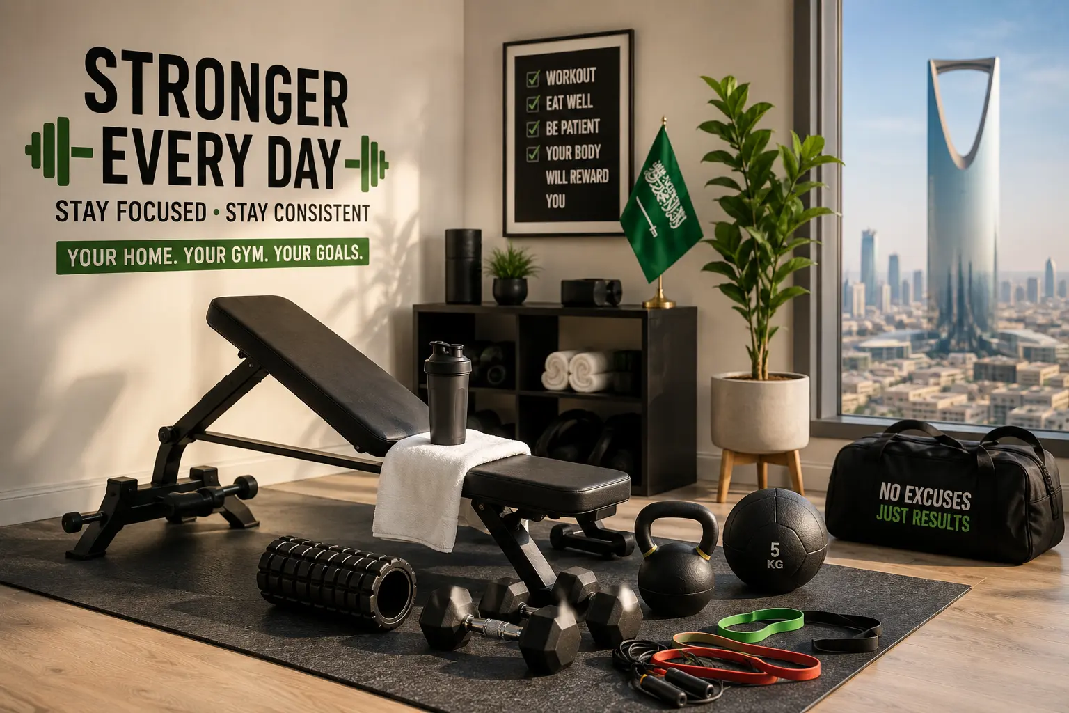 Home workout guide and gym equipment for fitness routines in Saudi Arabia