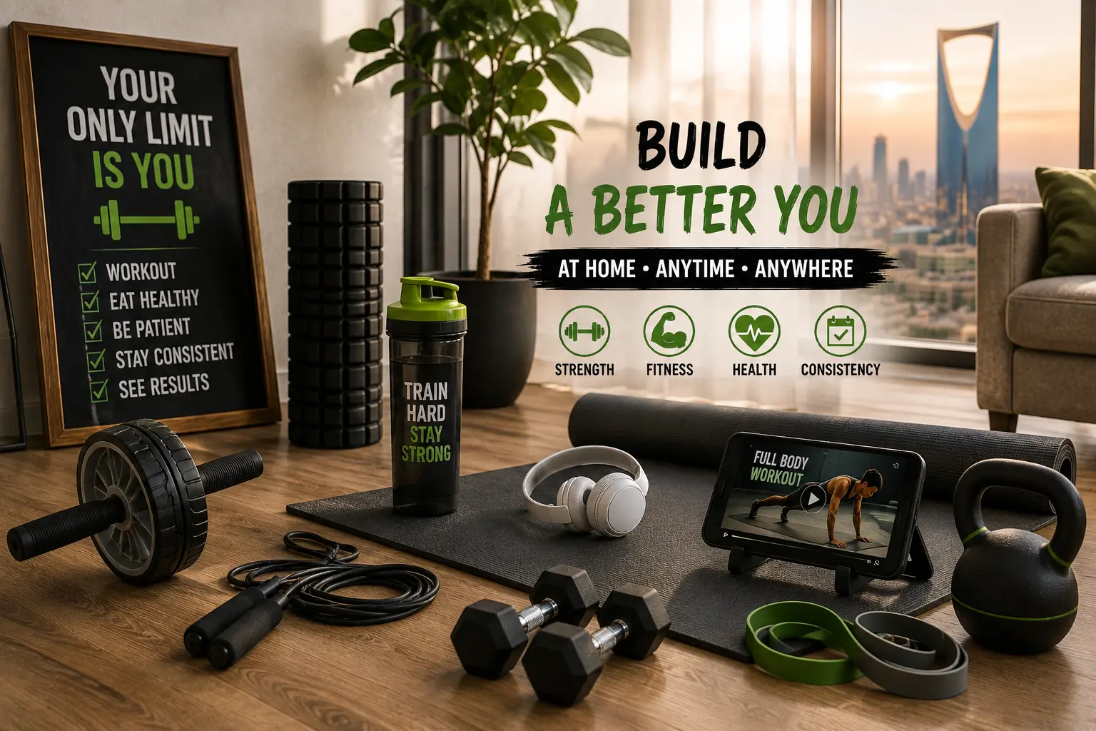 Home workout guide and gym equipment for fitness routines in Saudi Arabia